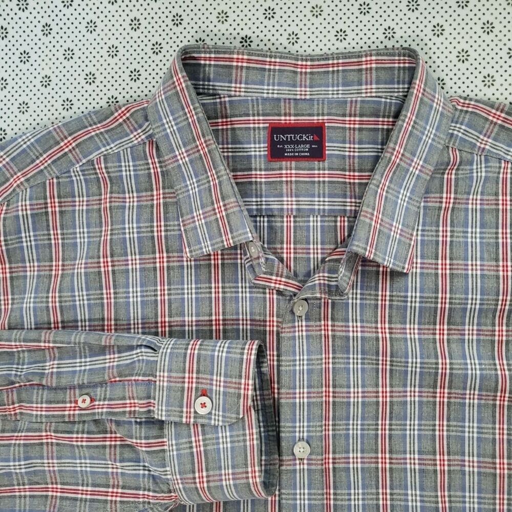 Untuckit Men’s 3XL Marzemino Grey Blue red Long Sleeve Plaid Button-Down Shirt